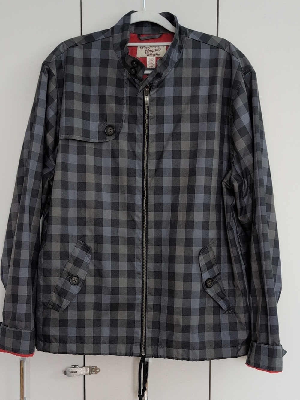 Original Penguin Gray Plaid Lightweight Nylon Zip Jacket with Orange Lining